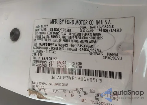 2003 Ford Focus Se from USA, damaged, VIN 1FAFP34P93W160903